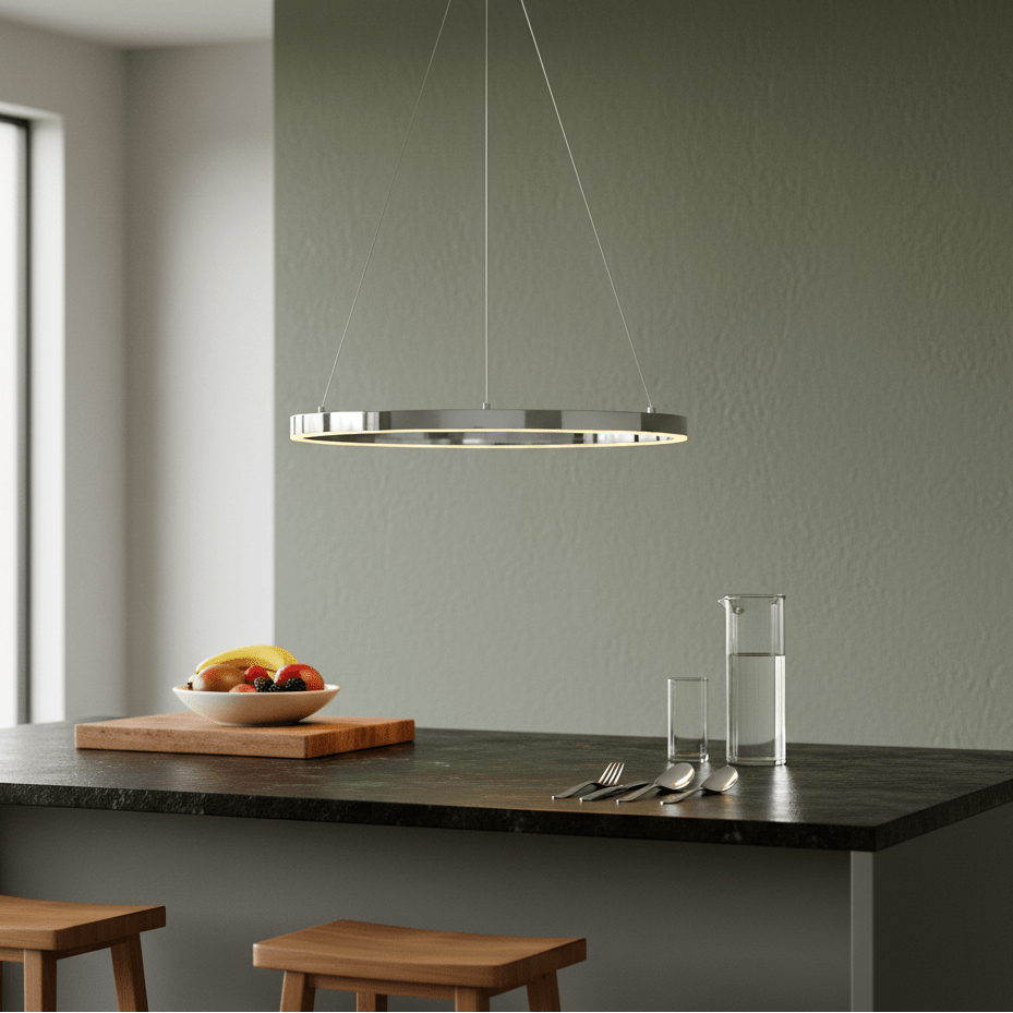 Chrome Hoop LED Pendant light hanging above a kitchen island with fruit bowl and glassware.
