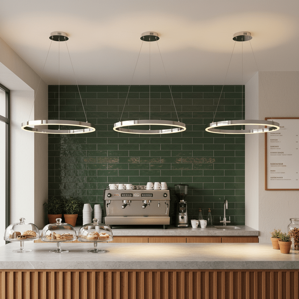 Three chrome hoop LED pendants hang above a modern kitchen counter with a coffee machine and pastries.