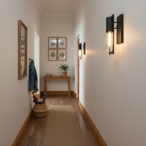 Industrial-style wall light illuminating a hallway with a mirror and decorative plants.