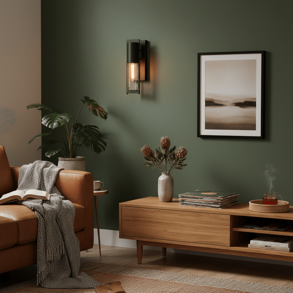 Industrial iron and glass wall light mounted on a green wall, illuminating a cozy living space with a brown sofa and decor.