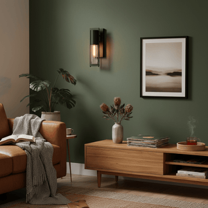 Industrial iron and glass wall light mounted on a green wall, illuminating a cozy living space with a brown sofa and decor.