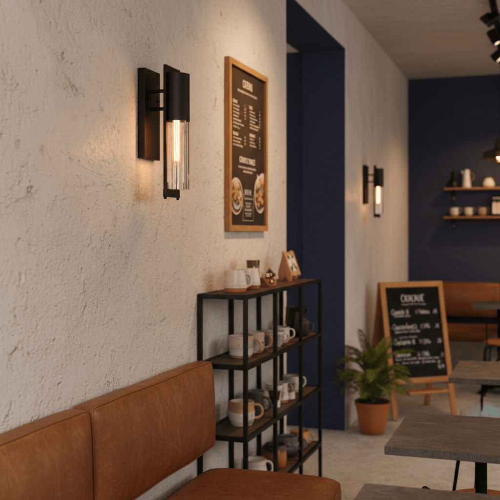 Industrial iron and clear glass wall light illuminating a cozy café interior with seating and decor.