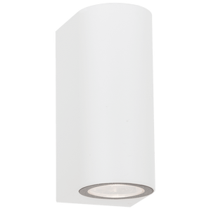 Modern round up-and-down outdoor wall light in grey, showcasing sleek design and GU10 bulb fitting.