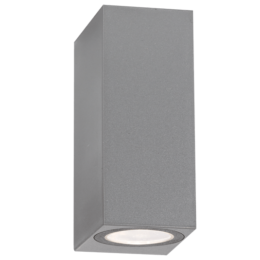 A square-shaped up and down wall light fixture in a gray color with LED bulbs turned on.