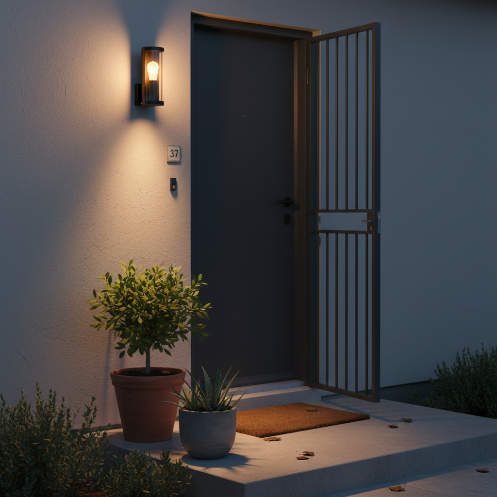 Aluminium outdoor wall light illuminating a front entrance with potted plants and a welcome mat.