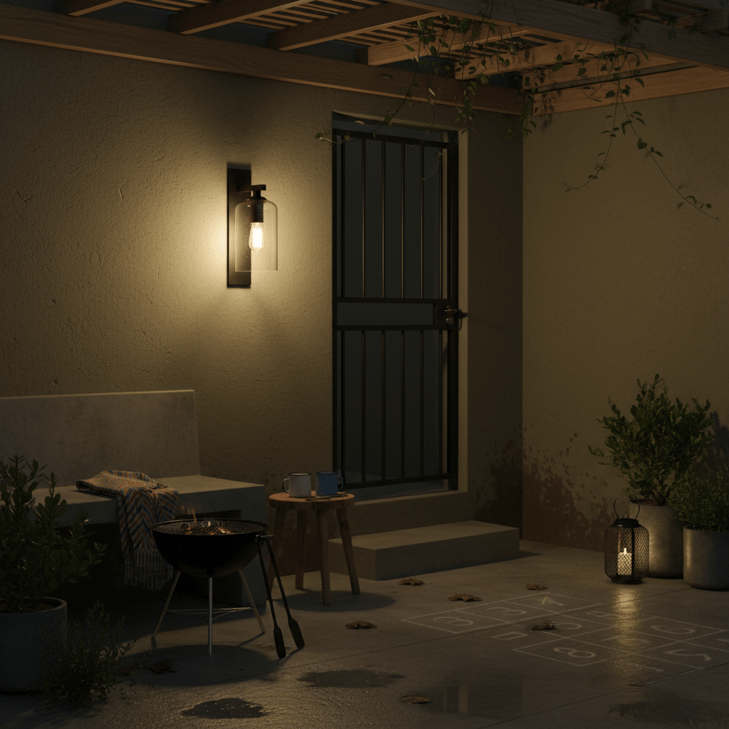 Modern outdoor wall light illuminating a patio area with a bench, grill, and plants.