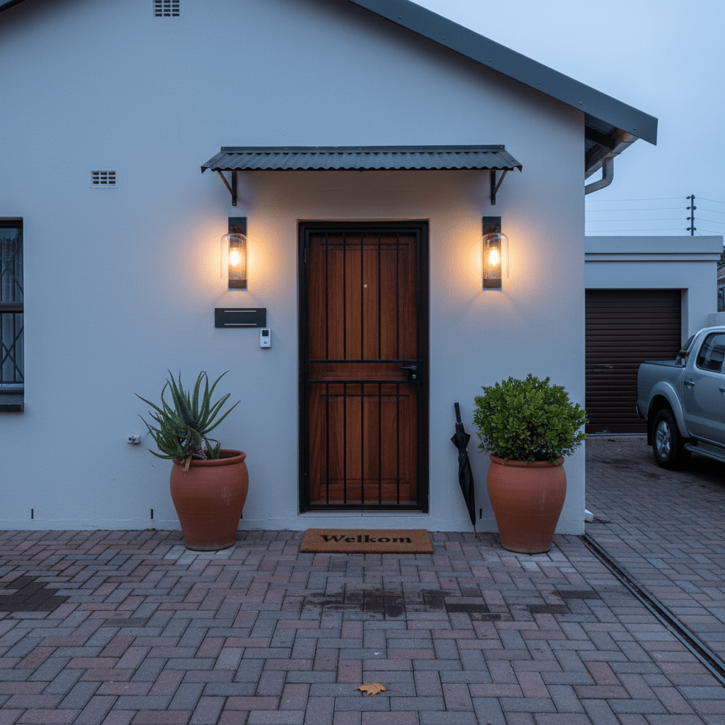 Modern outdoor wall lights flanking a wooden door, illuminating a welcoming entrance with potted plants.