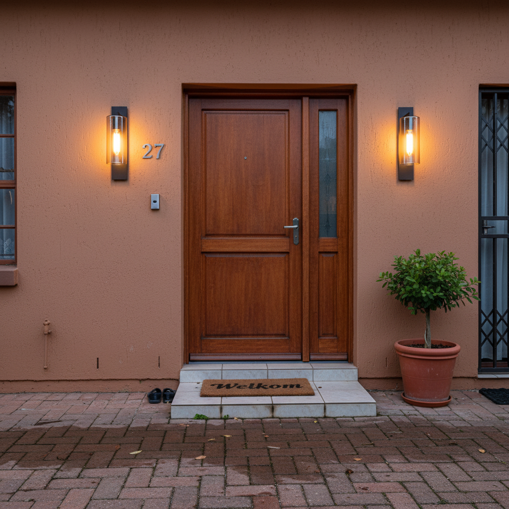 Two outdoor wall lights with amber glow flank a wooden front door with a welcome mat and potted plant.