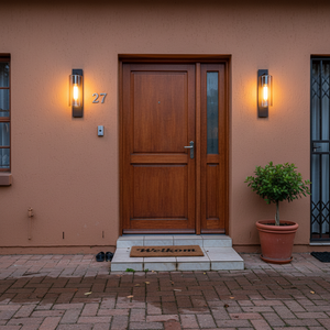 Two outdoor wall lights with amber glow flank a wooden front door with a welcome mat and potted plant.