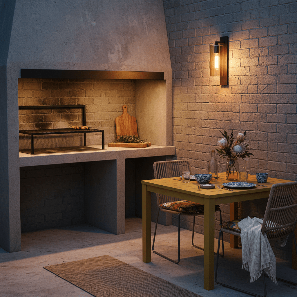 Outdoor patio with a lit wall lantern, dining table set, and a built-in grill area.