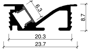 Detailed view of a recessed cabinetry extrusion profile with measurements, showcasing its design and structure.