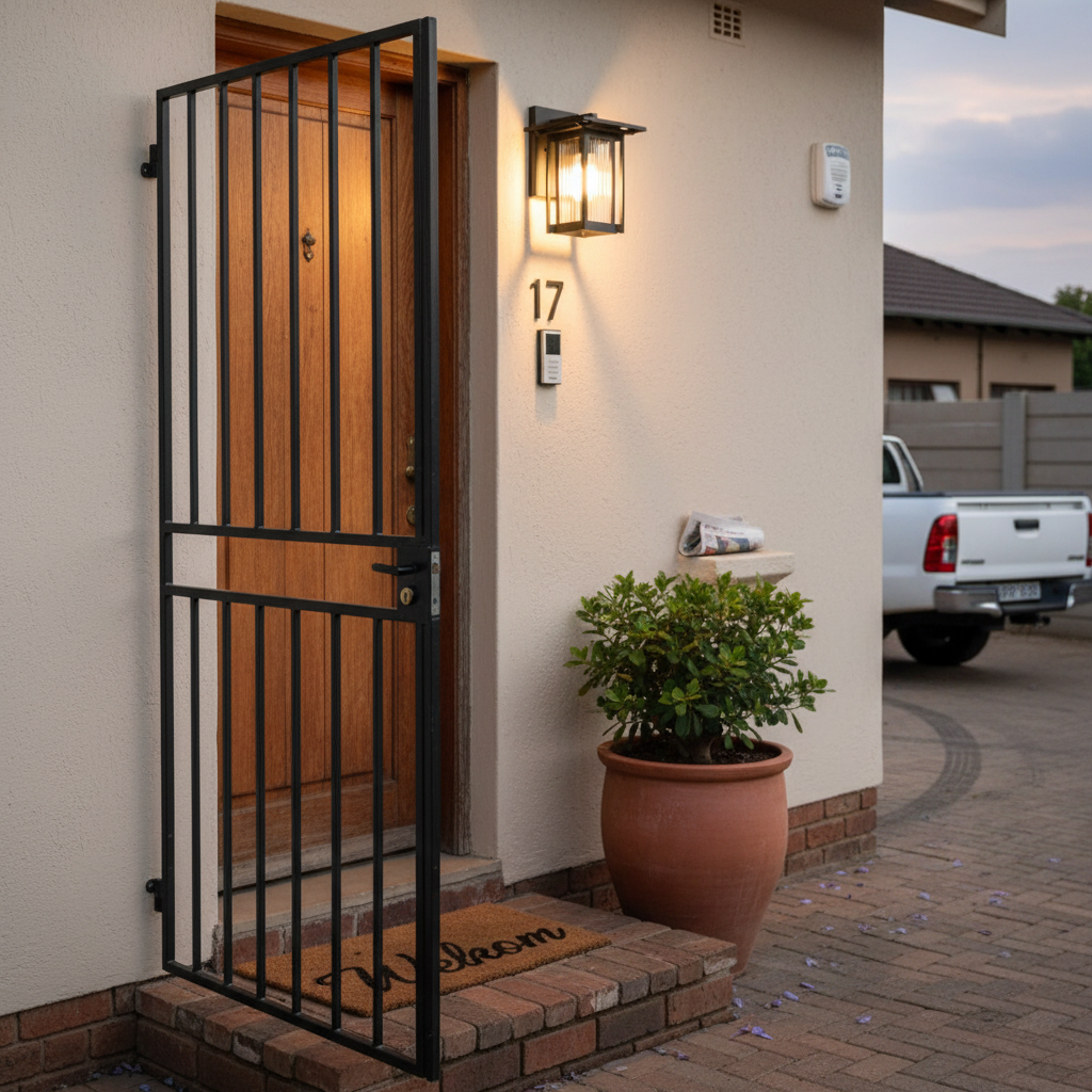 Outdoor wall light illuminating a front door area with a welcome mat and potted plant.