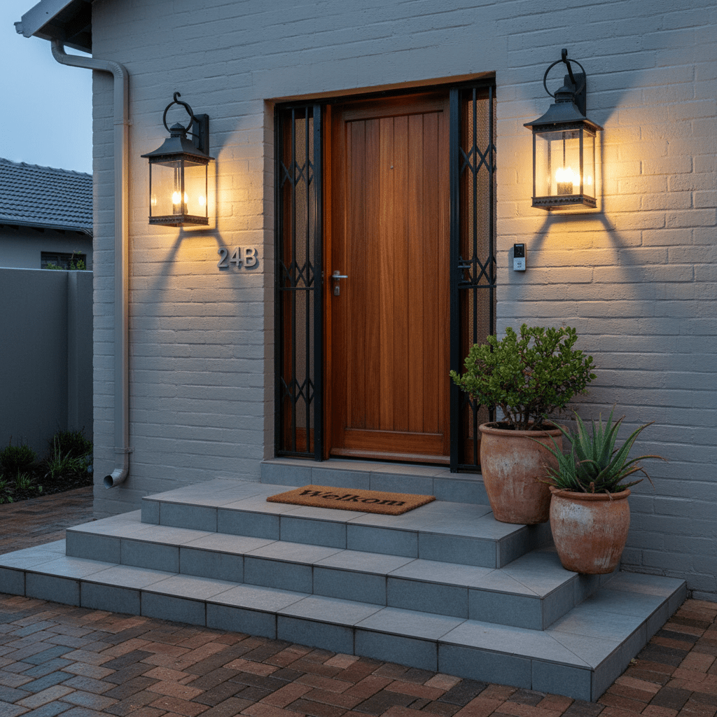 Large black outdoor lantern mounted beside a wooden door, illuminating the entrance with a warm glow.