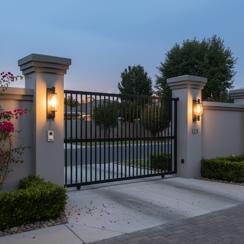 Outdoor wall light illuminating a gated entrance, enhancing safety and aesthetics with a modern design.
