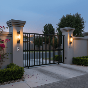 Outdoor wall light illuminating a gated entrance, enhancing safety and aesthetics with a modern design.