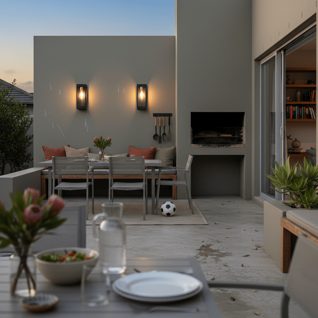 Outdoor patio scene featuring the Arniston Outdoor Wall Light illuminating a dining area with a table and chairs.
