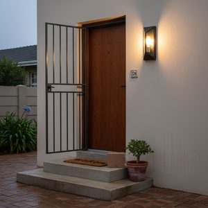 Contemporary outdoor wall light illuminating a porch entrance with a wooden door and potted plant.