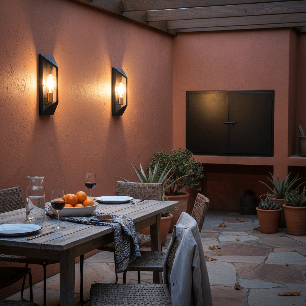 Two Baroe Outdoor Wall Lights illuminate a cozy patio dining area with a wooden table and potted plants.