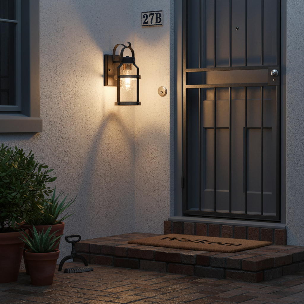 Contemporary outdoor wall light illuminating a doorway with a welcome mat and potted plants.