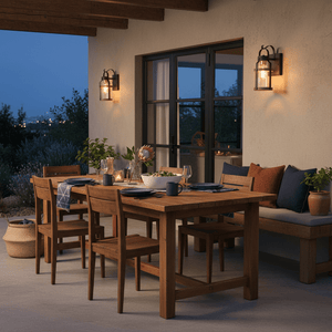 Outdoor dining area with a wooden table, chairs, and the Bazley Outdoor Wall Light illuminating the space.