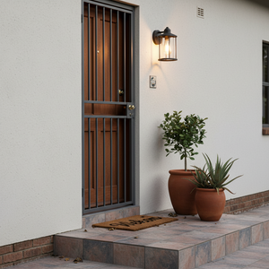 Bityi Outdoor Wall Light mounted beside a wooden door, illuminating a welcome mat and potted plants.