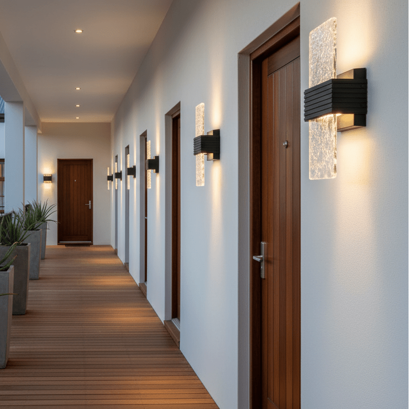 Modern outdoor wall lights illuminate a stylish corridor with wooden flooring and potted plants.