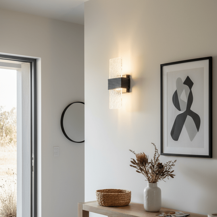 Caitlin LED Outdoor Wall Light illuminating a modern entrance with a wooden console table and decorative elements.