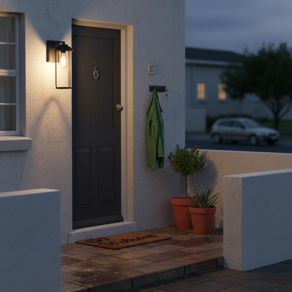 Outdoor scene featuring the Carlow Outdoor Wall Light illuminating a front door area with a welcome mat and potted plants.