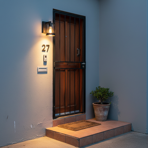 Chintsa Outdoor Wall Light illuminating a home's entrance with a wooden door and potted plant.