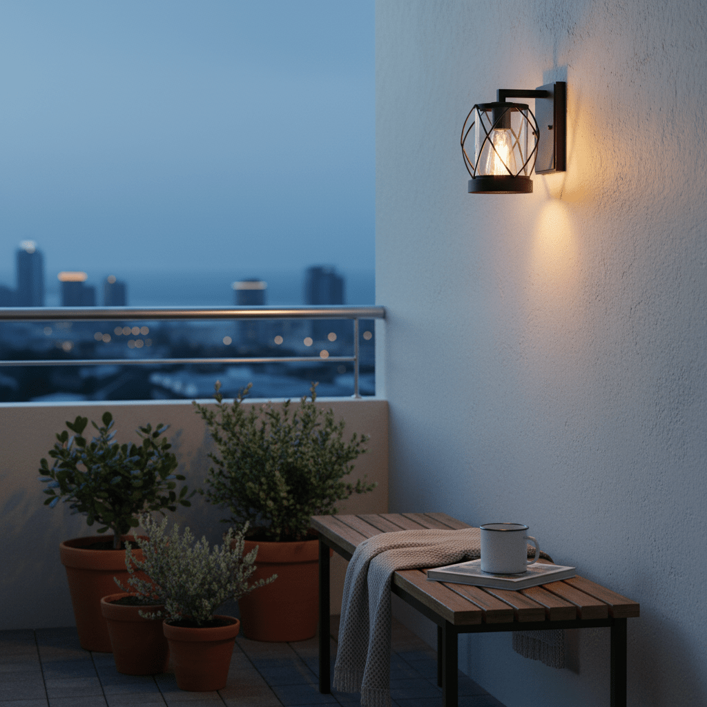 Chintsa Outdoor Wall Light mounted on a balcony wall, illuminating a cozy seating area with potted plants.