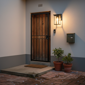 Contemporary outdoor wall light illuminating a front entrance with potted plants and a welcome mat.