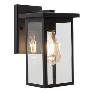 Contemporary black outdoor wall light with clear glass panels, showcasing a warm bulb inside.