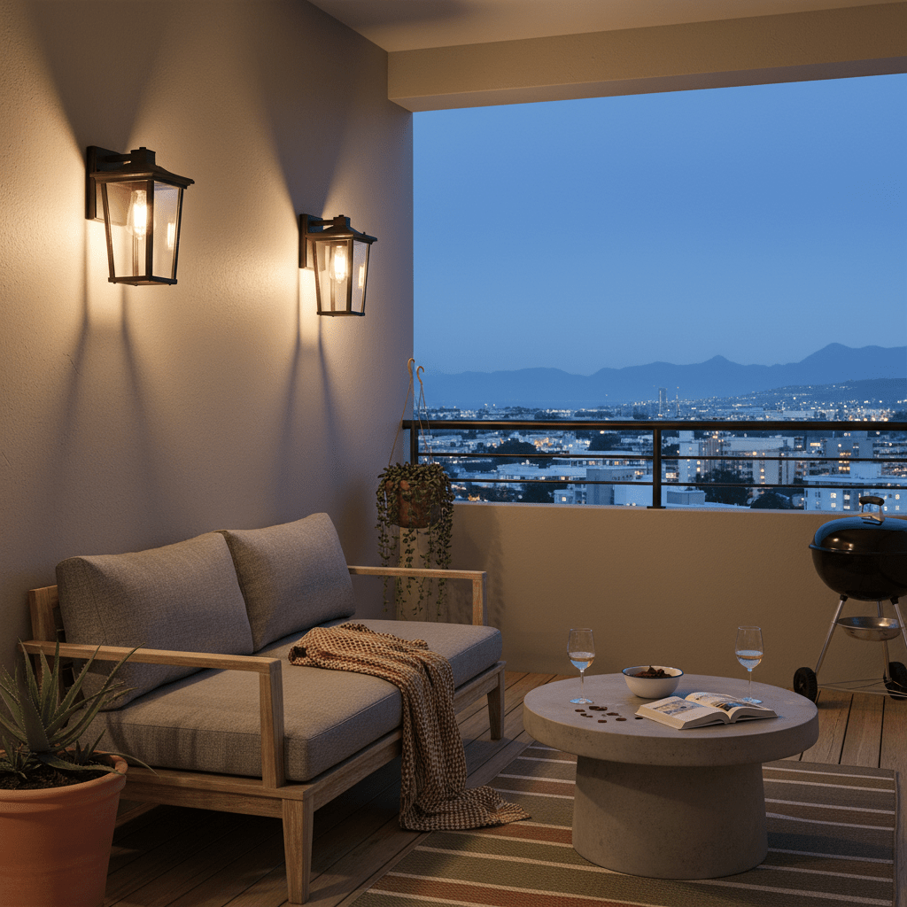 Contemporary outdoor wall lights illuminate a cozy balcony seating area with a city view at dusk.