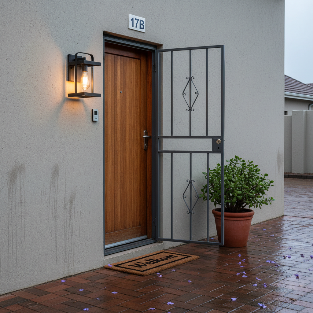 Contemporary outdoor wall light beside a wooden door, illuminating a welcome mat and potted plant.