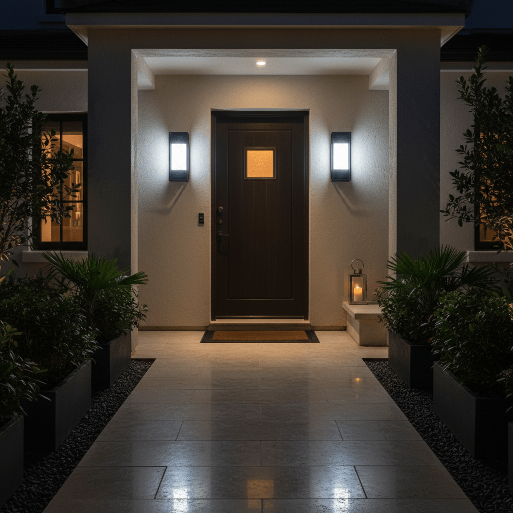 Outdoor scene featuring the Alcatraz Textured Black LED Wall Light illuminating a modern entrance with plants and a lantern.
