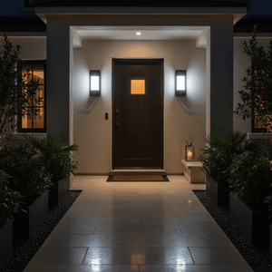 Outdoor scene featuring the Alcatraz Textured Black LED Wall Light illuminating a modern entrance with plants and a lantern.