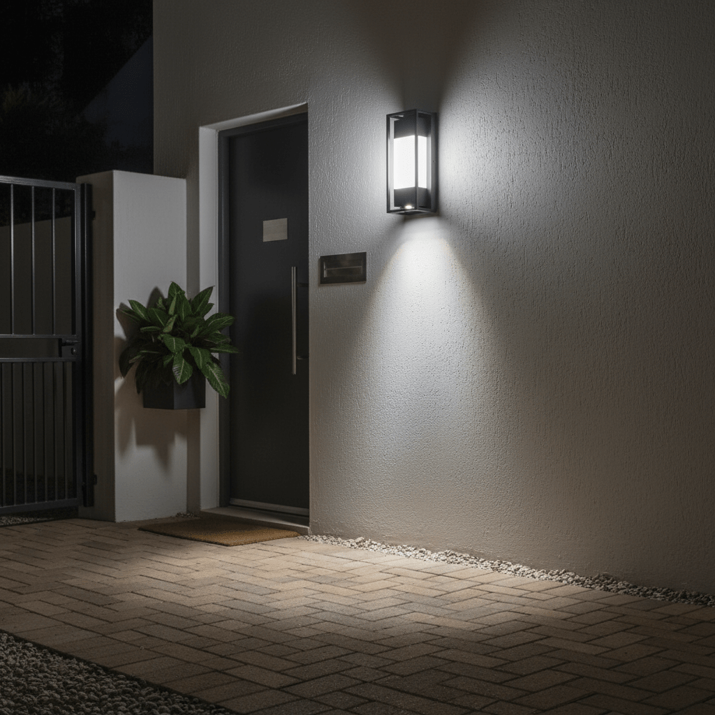 Textured black outdoor LED wall light illuminating a modern entrance with potted plant and stone pathway.