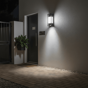 Textured black outdoor LED wall light illuminating a modern entrance with potted plant and stone pathway.