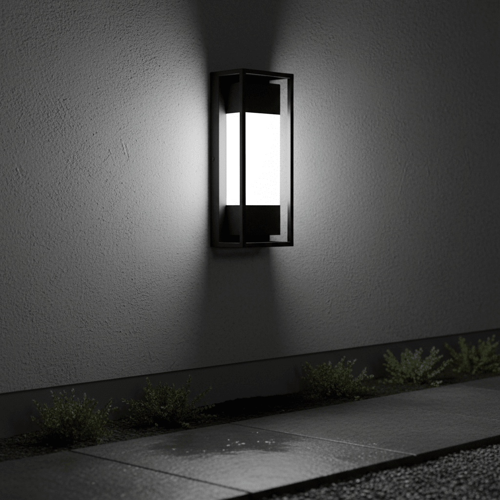 Textured black outdoor LED wall light mounted on a wall, illuminating a pathway with soft light.