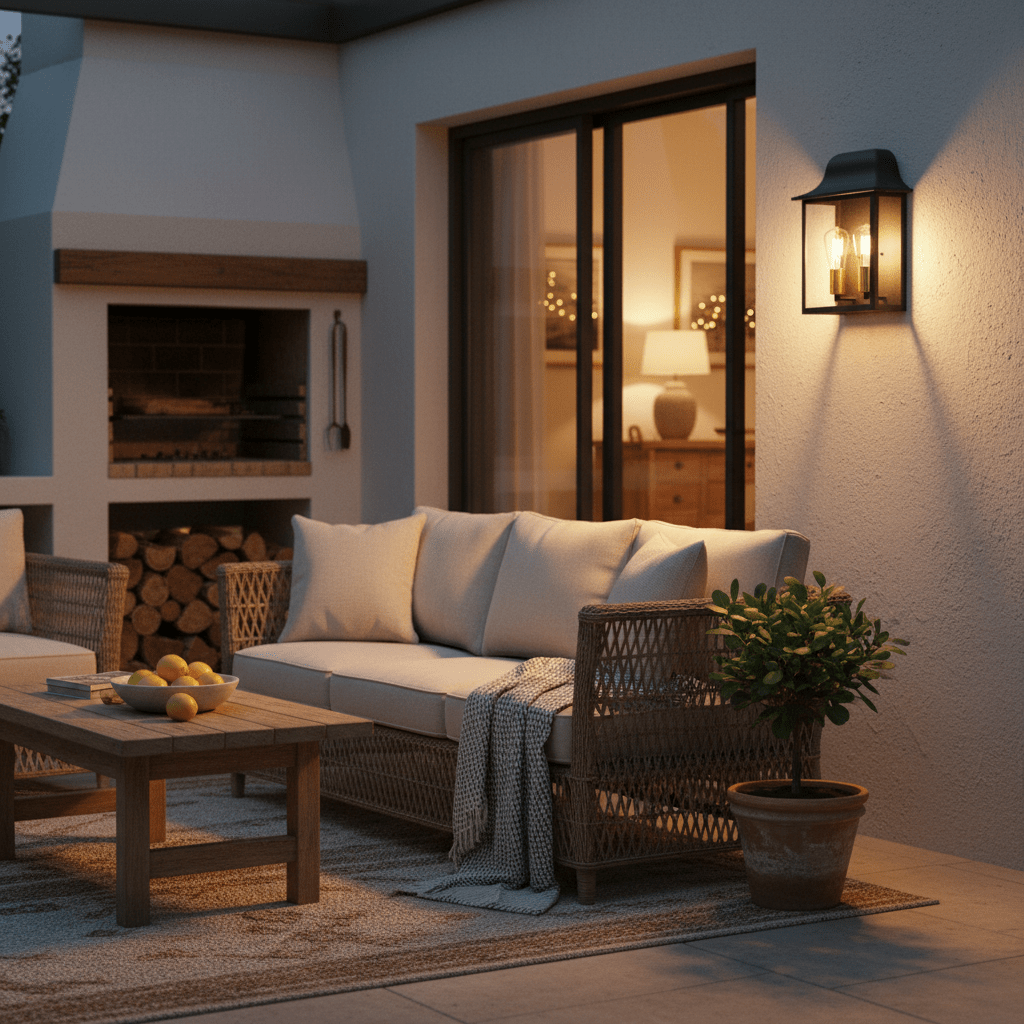 Centurion Double Outdoor Wall Light illuminating a cozy patio with seating and a coffee table.