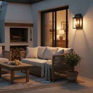 Centurion Double Outdoor Wall Light illuminating a cozy patio with seating and a coffee table.