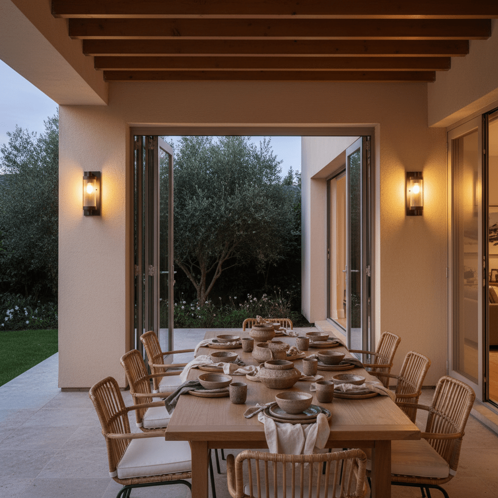 A fluted outdoor wall light is mounted beside open double doors, illuminating a wooden dining table set with stoneware dishes.