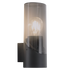 Black wall-mounted light fixture with smoke glass shade