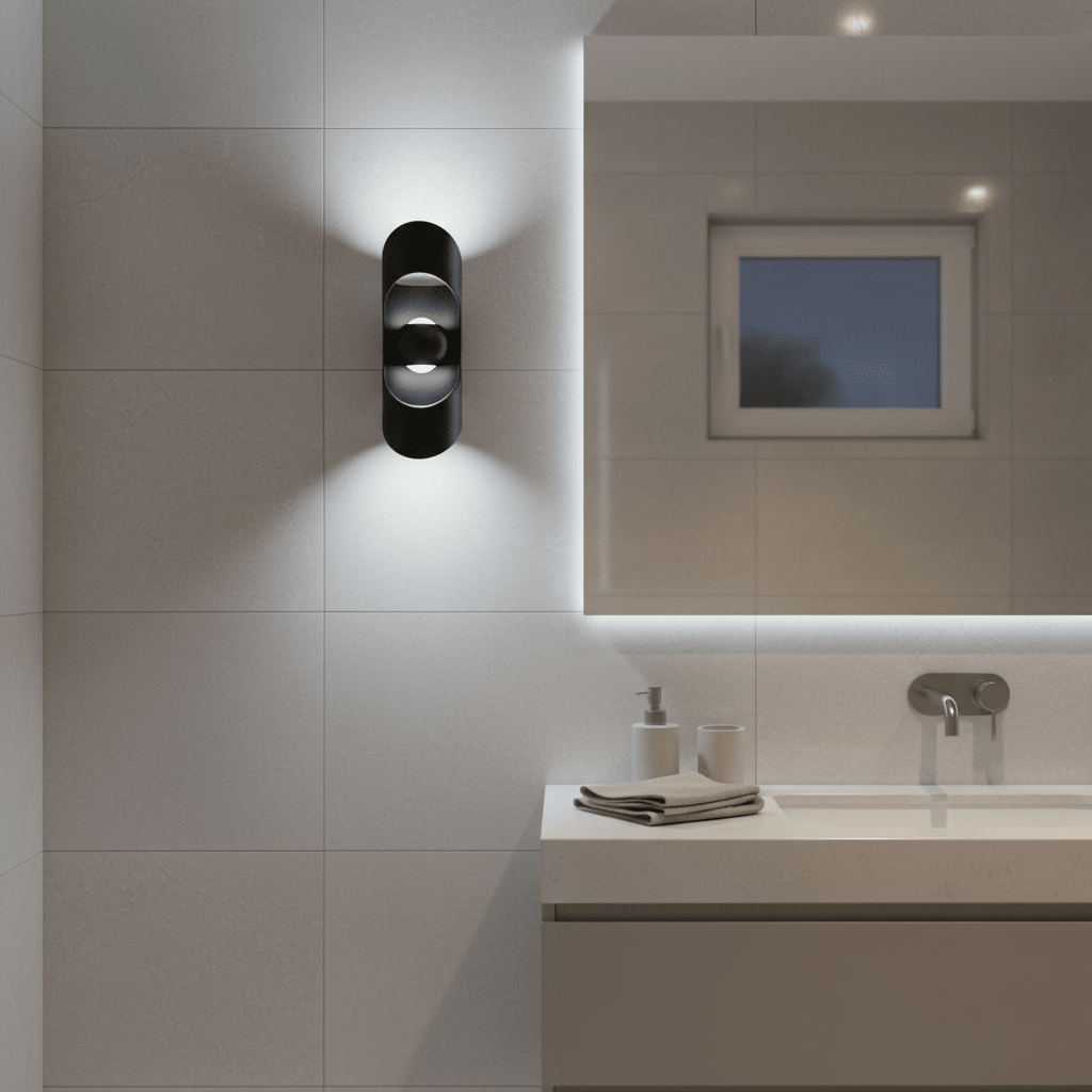 Uniq Up & Down LED Wall Light mounted on a bathroom wall, illuminating the space with upward and downward light.