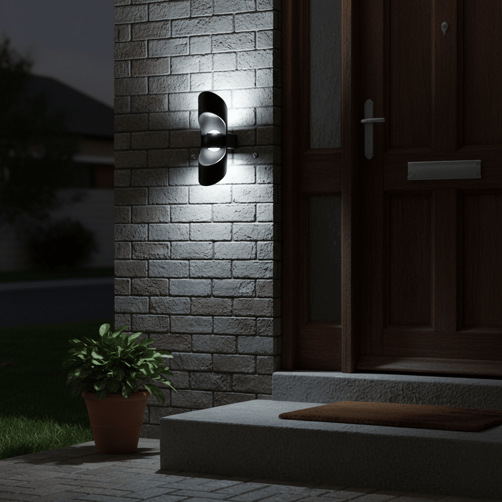 Uniq Up & Down LED Wall Light illuminating a brick wall beside a wooden door, with a potted plant nearby.