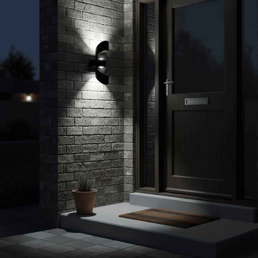 Outdoor wall light illuminating a front door area, casting light upwards and downwards on a brick wall.