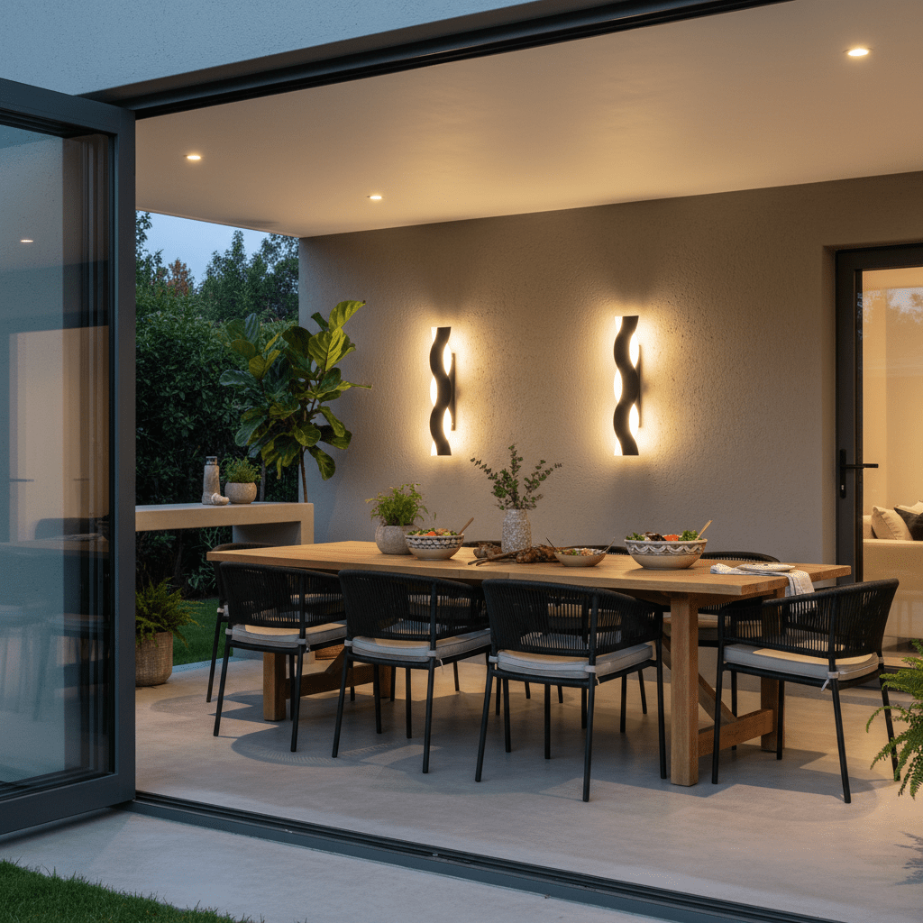 Bali Wave Outdoor Linear Wall Light illuminating a modern patio dining area with a wooden table and black chairs.