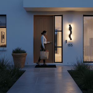 A woman approaches a modern front door, illuminated by a sleek outdoor wall light, enhancing the entrance's ambiance.