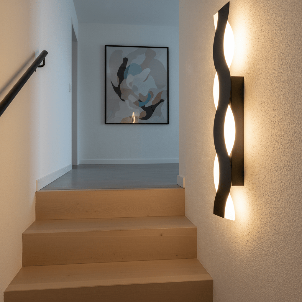 Bali Wave Outdoor Linear Wall Light illuminating a staircase, enhancing modern decor with a warm glow.