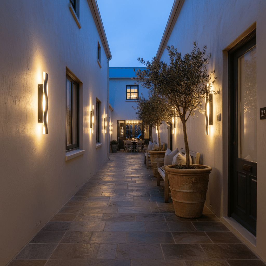 Outdoor scene featuring Bali Wave wall lights illuminating a stylish walkway with potted plants and seating.